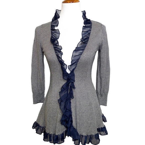 Anthropologie Tops - Anthropologie Ruffled Navy Blue Stripe Cardigan